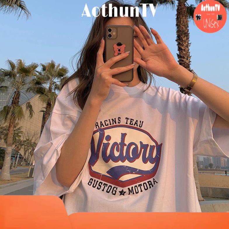 Áo thun unisex AOTHUNTV freesize đến 75kg chất cotton in chữ victory
