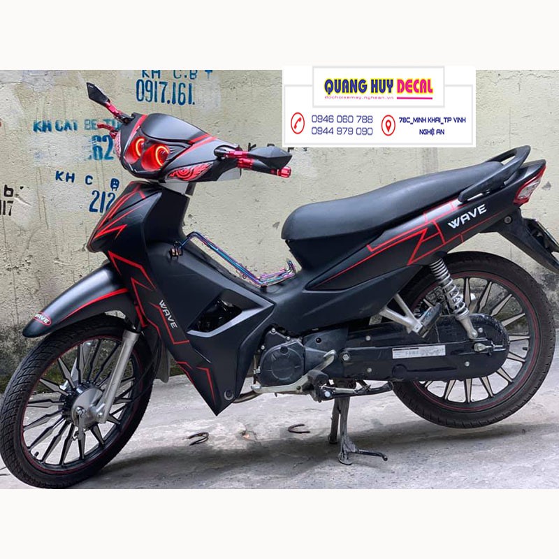 Tem trùm wave ♦FREESHIP♦ đen chỉ đỏ alpha 110, độ phủ bộ team decal cho xe máy rẻ đẹp