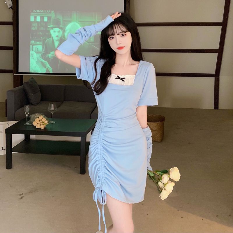 Đầm váy body rút dây cổ vuông phối bèo trắng tay rời