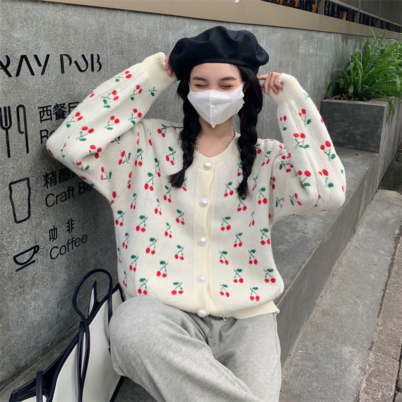 Áo Khoác cardigan Cổ Tròn Dáng Rộng In Hình Quả cherry Thời Trang Mùa Thu Theo Phong Cách Hàn
