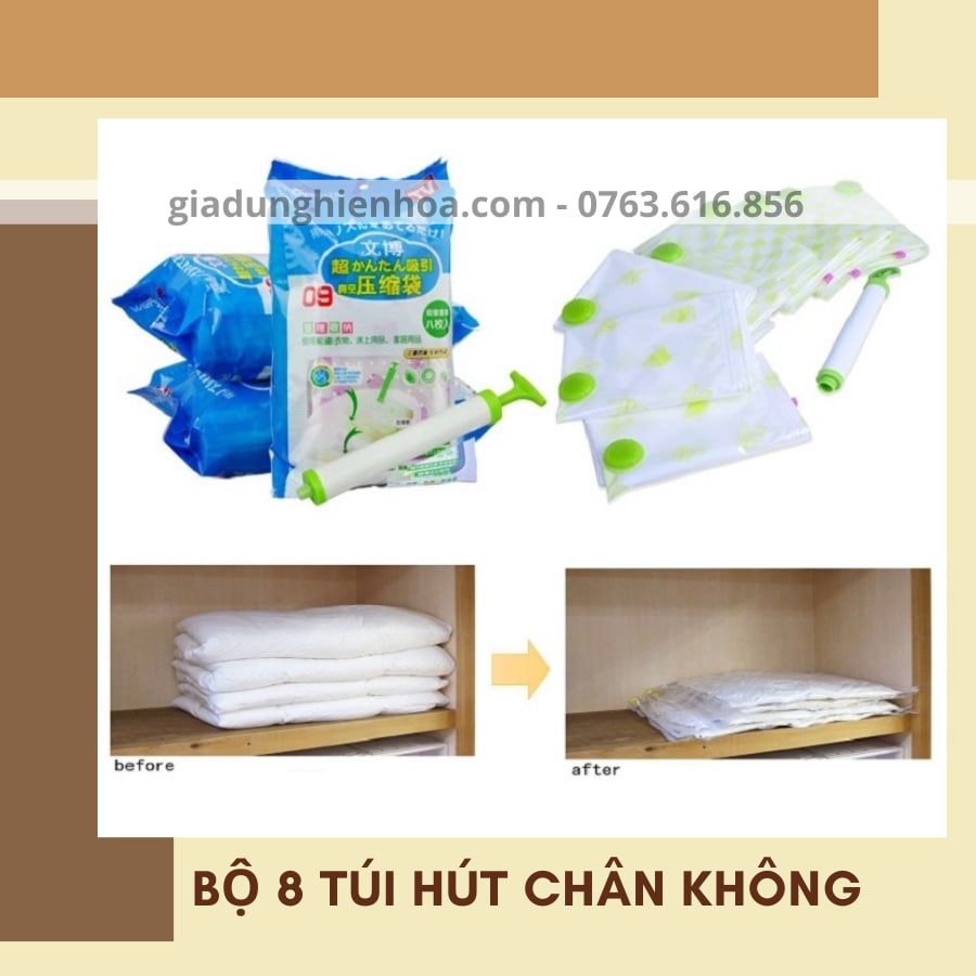 Bộ 8 túi hút chân không tặng kèm máy hút bơm tay, SHIP HỎA TỐC