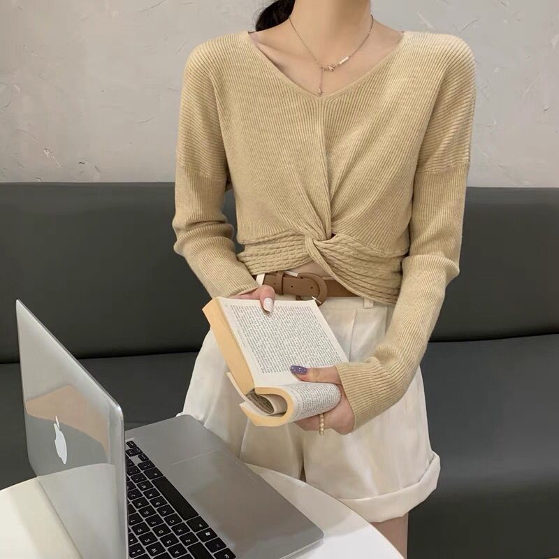 Áo sweater SUXI dệt kim tay dài cổ chữ V màu sắc đơn giản dễ phối đồ thời trang mùa thu cho nữ