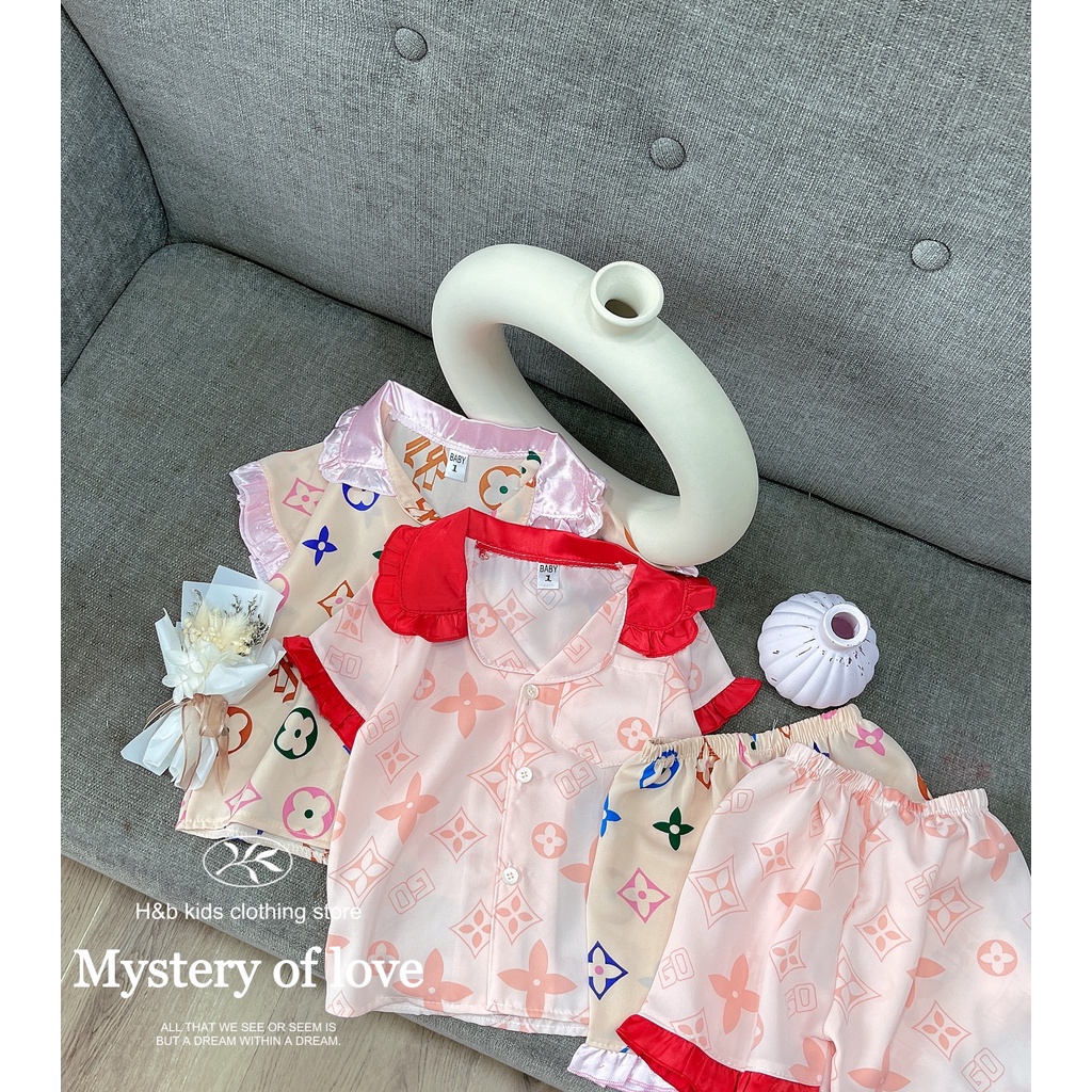 Đồ bộ Pijama lụa cộc tay họa tiết phối màu viền bèo mặc nhà cực đẹp cho bé gái Namkidshop (V621)