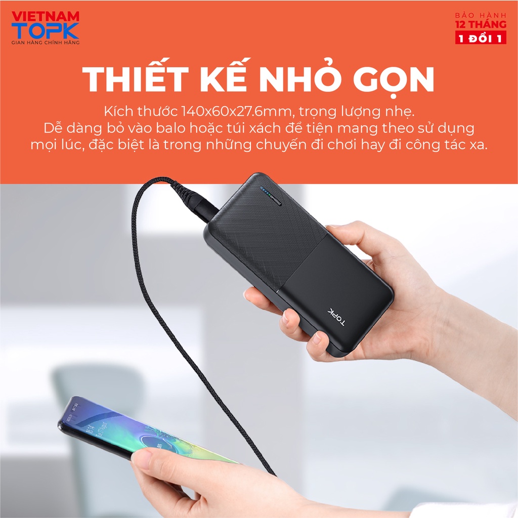 Sạc Dự Phòng TOPK I2009 20000mAh - Cổng USB Kép, Thiết Kế Nhỏ Gọn Tiện Lợi Cho Xiaomi/ Samsung/ iPhone