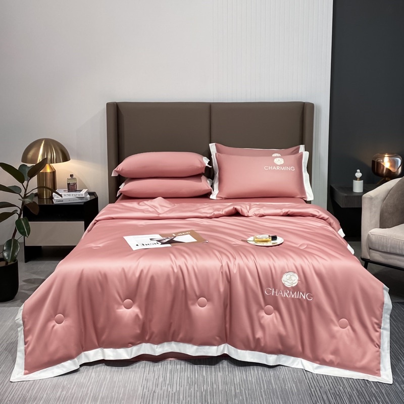 Bộ chăn ga gối phi lụa CHARMING óng mịn cao cấp , Ga giường vỏ gối chăn hè phi lụa chât liệu mềm mịn thoáng mát mới 2022