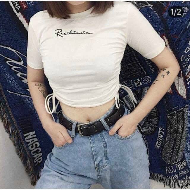 áo croptop thun lụa thêu chữ rút dây 2 bên rusiaa