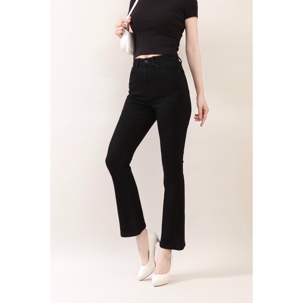 Quần Jean Nữ Ống Loe Đen Trắng Cạp Cao Vải Xuất Xịn Co Giãn Gấu Thường CT Jeans