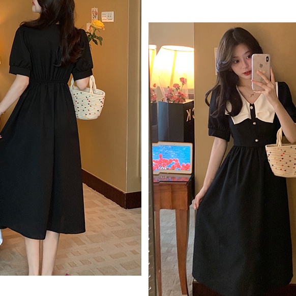 Đầm midi SUXI tay ngắn cổ chữ V màu đen dáng chữ A phong cách vintage thời trang mùa hè cho nữ