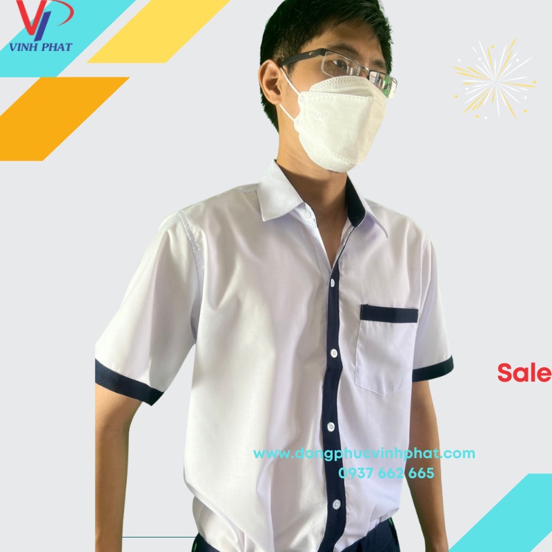 Áo Sơ Mi Trắng Ngắn Tay Nam Kiểu Viền Xanh Đồng Phục Học Sinh Đi Học Cấp 2 Cấp 3 - VĨNH PHÁT