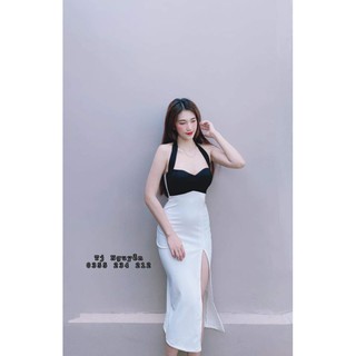 đầm body phối màu cổ yếm