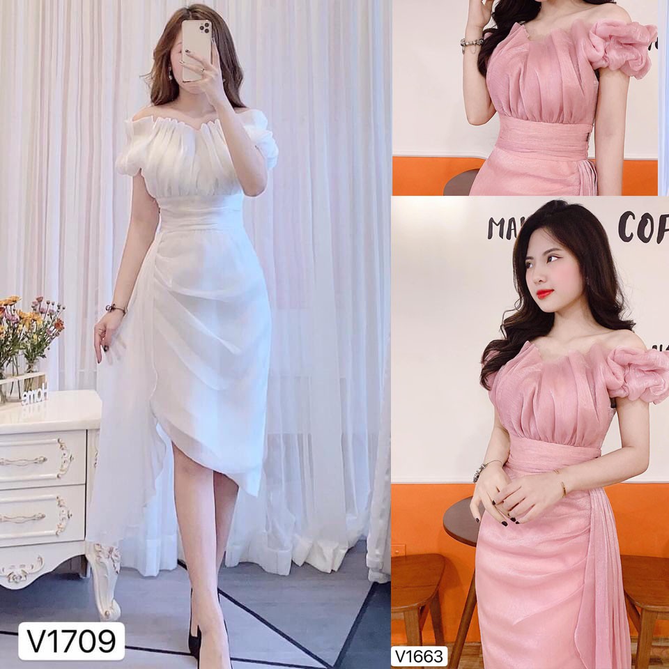 Váy dự tiệc trễ vai nhún thân 1709 trắng và 1663 hồng - DVC - Maidieuhuyen (ảnh thật mẫu cao 1m6)