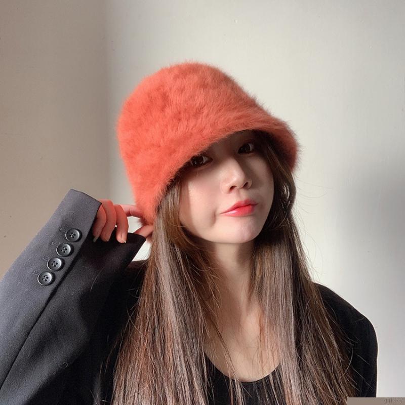 Mũ bucket nữ phối lông cừu giả dày dặn màu trơn thời trang phong cách Hàn Quốc