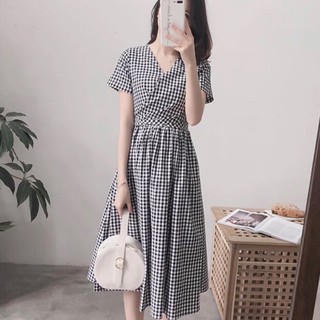 Đầm váy freesize caro cổ V xếp li nơ sau