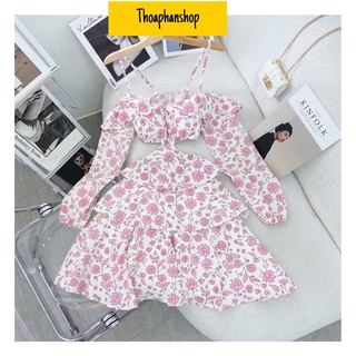 Đầm hoa hai dây rớt vai bèo cut out lưng