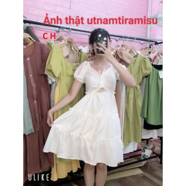 Váy Nữ rút dây ngực khoét eo dáng xoè Đầm Dự Tiệc Cổ V sang chảnh3 tầng ngắn tay tiểu thư 2 lớp vintage Ullzang
