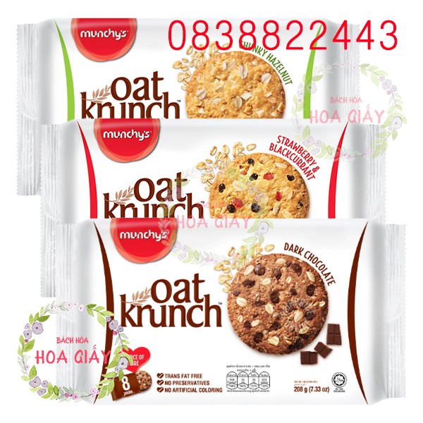 Bánh Yến Mạch Oat Krunch Munchy's Hạt Phỉ Dâu Nho Đen/ Socola Đen Gói 208G /156G ăn kiêng sáng vặt giòn