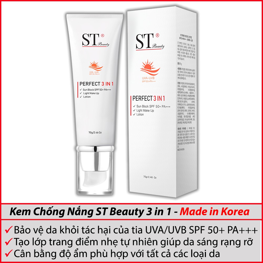 Kem chống nắng ST Beauty nâng tone tự nhiên bảo vệ da an toàn SPF 50+ PA+++ 3in1 70g Hàn Quốc