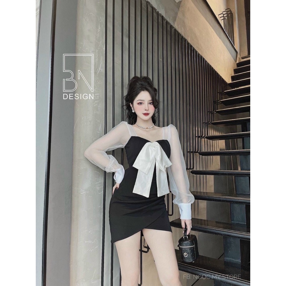 Đầm Váy Nữ Cổ Vuông Tay Dài Phối Lưới Ngực Tết Nơ Có Mút From Ôm Body Tà Chéo Sexy, Quyến Rũ Thời Trang Nữ Dự Tiệc