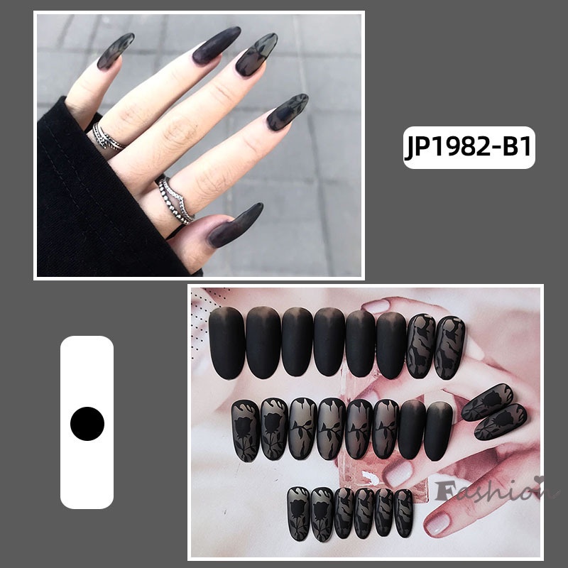 [Hàng mới về] Set 24 móng tay giả màu đen họa tiết hoa hồng có thể tháo rời chuyên dụng làm đẹp cho nữ