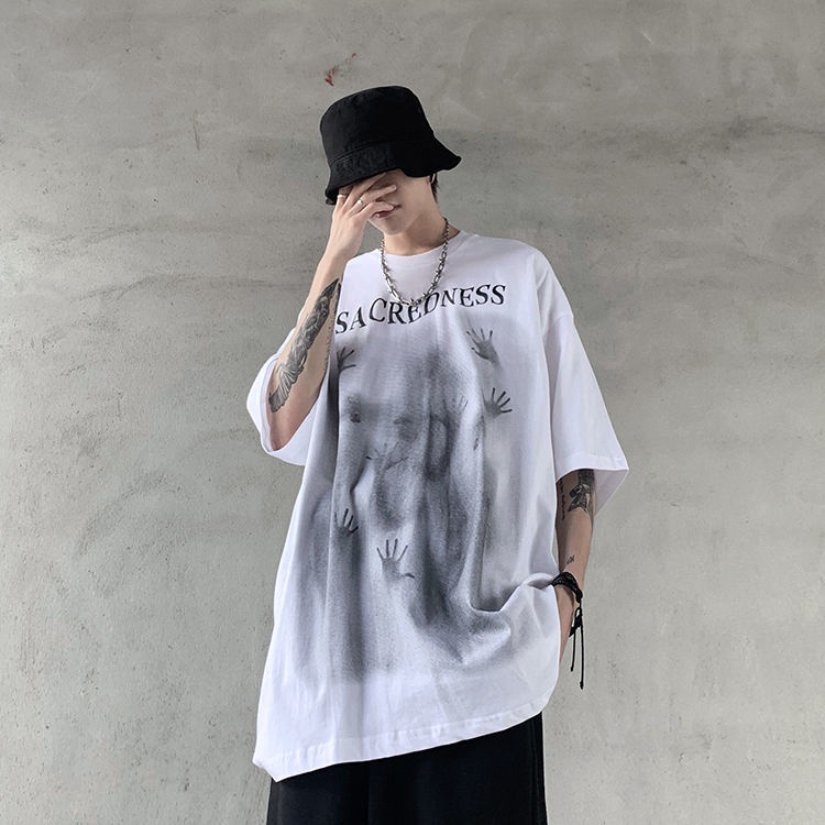 Áo Thun Ngắn Tay Dáng Rộng Màu Đen Thời Trang Mùa Hè Phong Cách Hip Hop Cá Tính Cho Nam