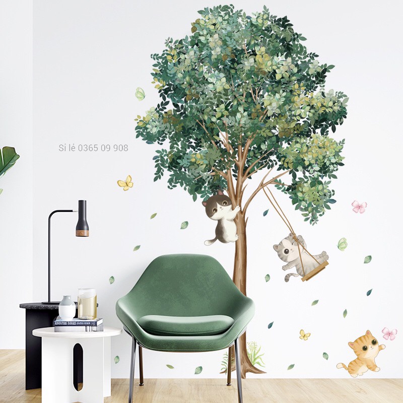 Decal dán tường chú mèo leo cây ngộ nghĩnh dễ thương