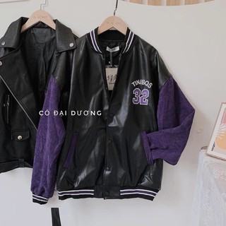 BOMBER DA PHỐI NHUNG TÍM SỐ 32 - ÁO KHOÁC DA ĐEN RAGLAN TAY TÍM TINI BQS ULZZANG