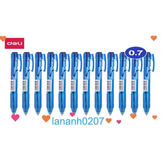 Bút bi bấm 0.7mm DELI Xanh - 12 cái/hộp EQ00130