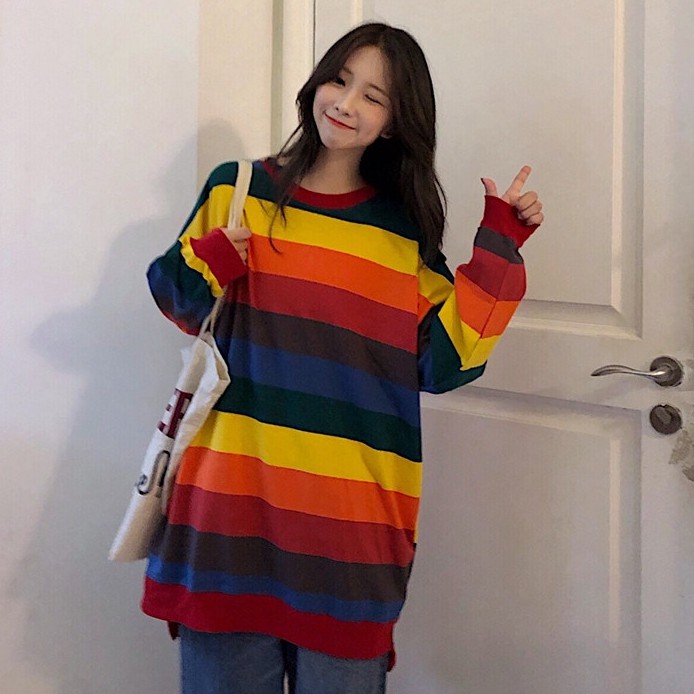 Áo thun Oversize tay dài họa tiết sọc phong cách Ulzzang Hàn Quốc cho nữ