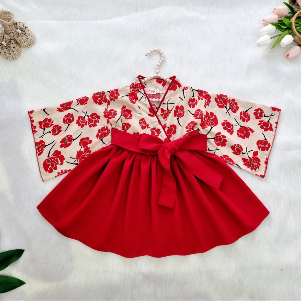 Set Kimono Hoa Hồng Phong Cách Nhật Bản Cho Bé Gái Từ 1-4 Tuổi - GS1004