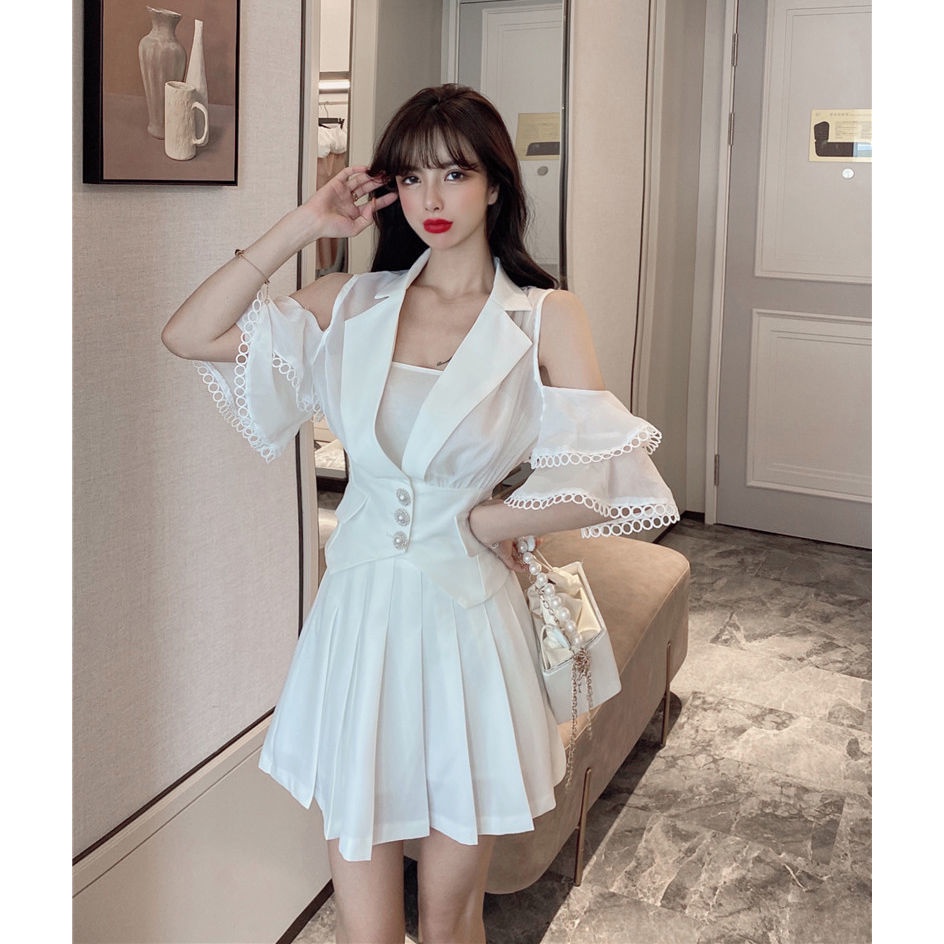 OFF WHITE Áo Sơ Mi Trắng Tay Ngắn Hở Vai Thời Trang Mùa Hè 2021 Cho Nữ