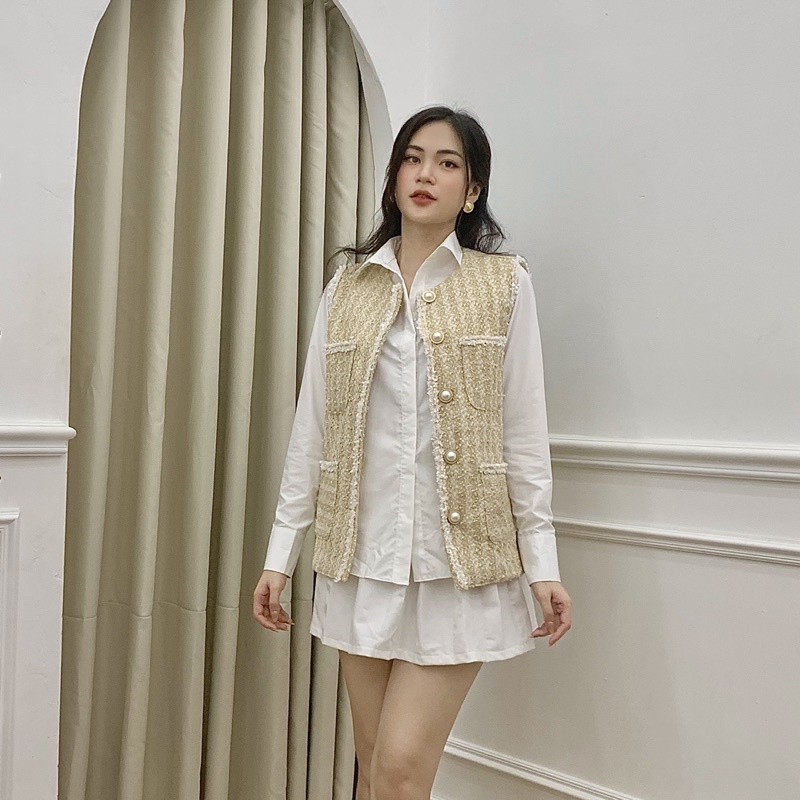 Áo khoác cộc tay cổ tròn dạ tweed - Audrey studio
