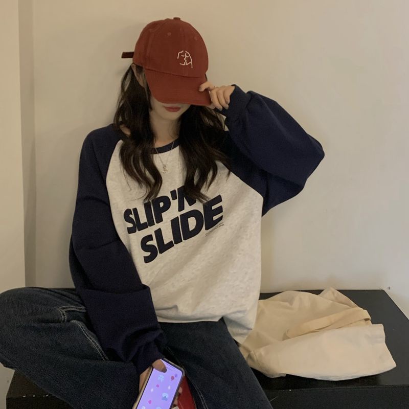 Áo Sweater Lông Cừu Chui Đầu Cổ Tròn Tay Dài Dáng Rộng In Họa Tiết Màu Sắc Tương Phản