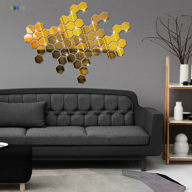 Set 12 Miếng Dán Tường Tráng Gương Hình Lục Giác 3d Chất Liệu Bạc Kích Thước 46x40 X 23mm