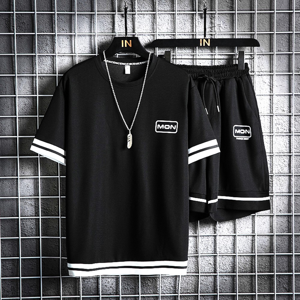Bộ Đồ Thun Nam Phối Viền Áo Ngắn Tay Cổ Tròn Kết Hợp Quần Short Đùi Thể Thao SET NAM 90000161