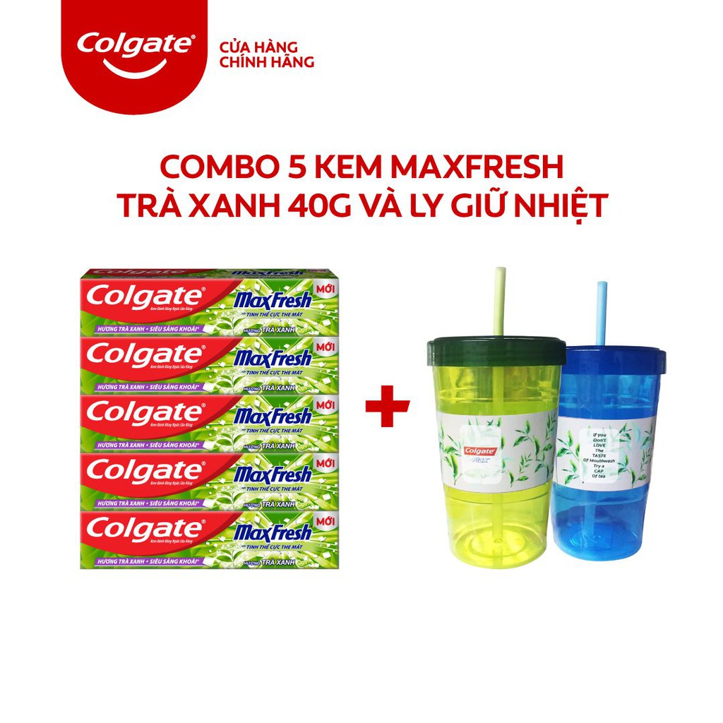 [HB Gift] Combo 5 Kem đánh răng Colgate Maxfresh Trà xanh 40g/ tuýp và  Ly Thermal