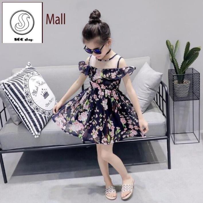 [NEW] Váy đầm maxi bé gái in hoa, may phối voan lưới hở vai xinh xắn - Thời trang trẻ em - Bé Sóc shop