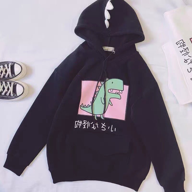 ÁO HOODIE CHUI ĐẦU NỮ MÀU TRẮNG VẢI NỈ HÌNH KHỦNG LONG TÚI VUÔNG | BigBuy360 - bigbuy360.vn