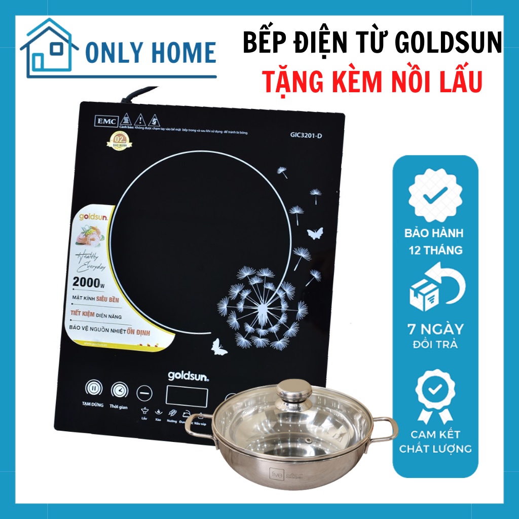 Bếp điện từ cảm ứng Goldsun GIC3201-D, tặng kèm nồi lẩu tiện dụng, bếp hồng ngoại mặt kính chịu nhiệt bảo hành 12 tháng
