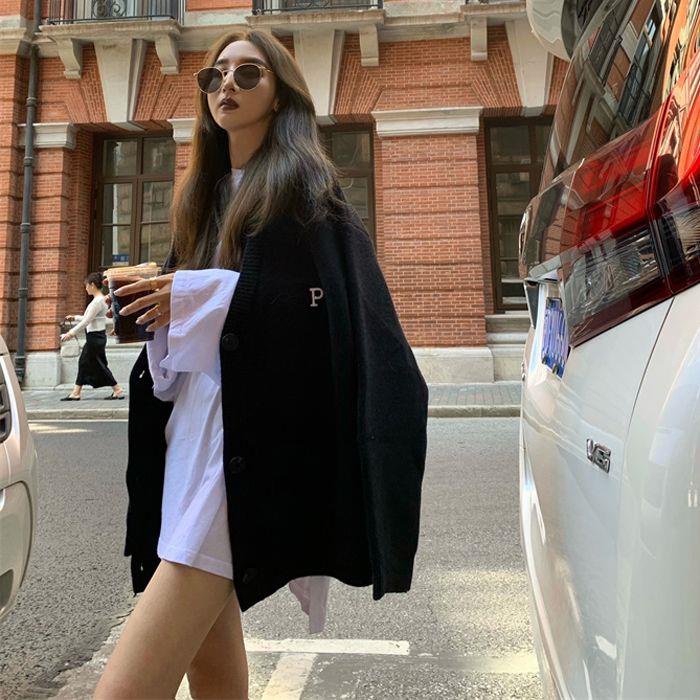 Áo Khoác Cardigan Dệt Kim Tay Dài Dáng Rộng Thêu Chữ Thời Trang Thu Đông Phong Cách Mới