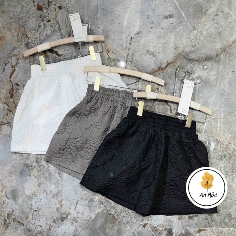 [AN MỘC] Quần short ống rộng lưng chun vải xốp gân hoa Hồng cho nữ