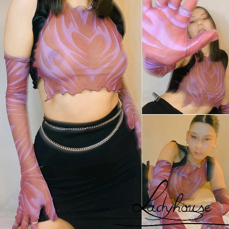 Ldd-bộ Áo Crop Top Cổ Tròn Khoét Lỗ Có Tay Áo Cho Nữ