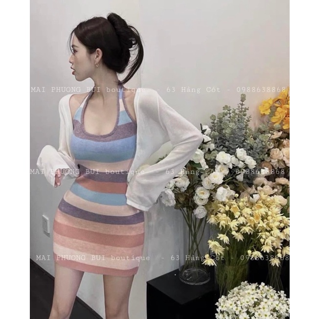 Đầm body cổ yếm len tăm phối màu mai phương bùi