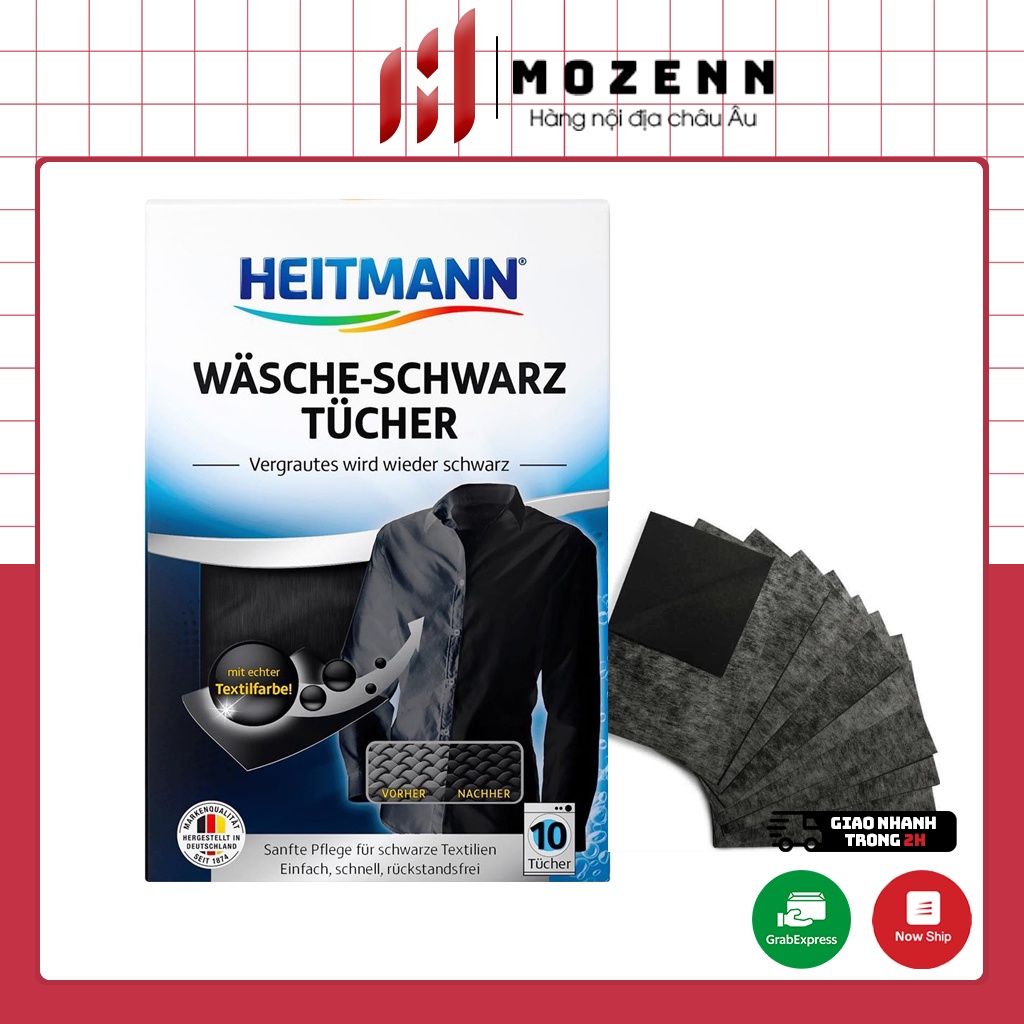 Giấy giặt nhuộm đen quần áo Heitmann 10 tờ, hỗ trợ quần áo bạc màu như mới, hàng Đức