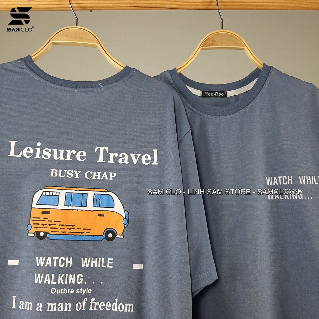 Áo thun nữ tay lỡ SAM CLO freesize phông form rộng Unisex, mặc lớp, nhóm, cặp in chữ leisure travel hình XE BUS