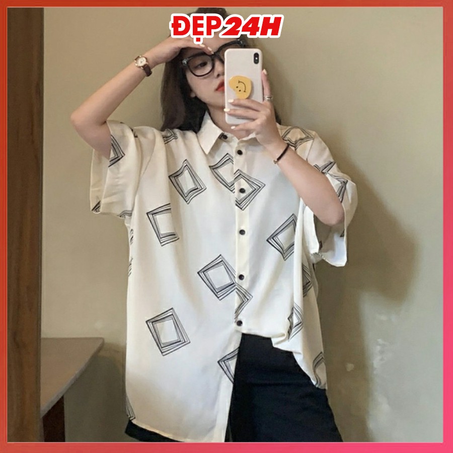 Áo sơ mi nữ form rộng, tay lỡ, freesize, chất liệu Đũi mềm mát, sơ mi kiểu nữ mặc cặp, nhóm in 3D ô Đen Trắng