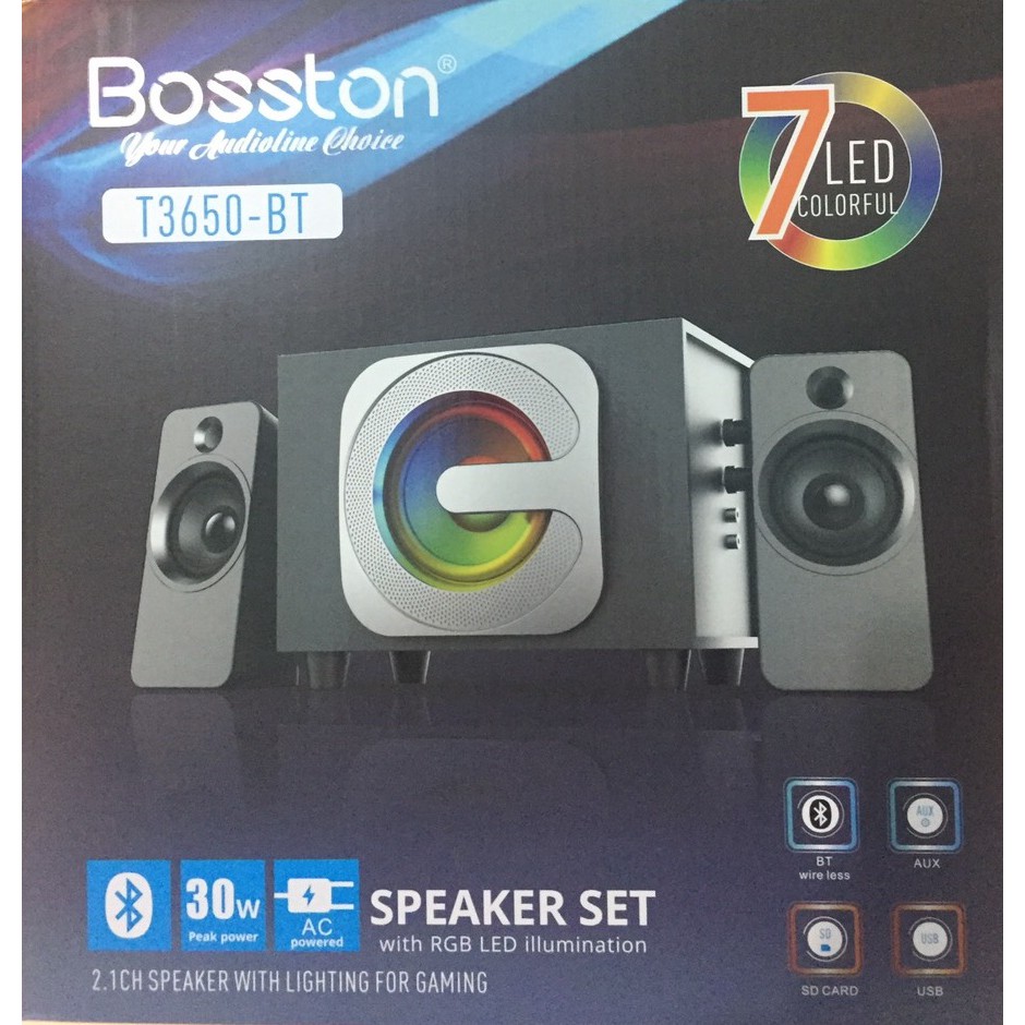 Loa vi tính 2.1 kiêm Bluetooth USB thẻ nhớ Bosston T3650-BT 30W led RGB 7 màu(Đen)