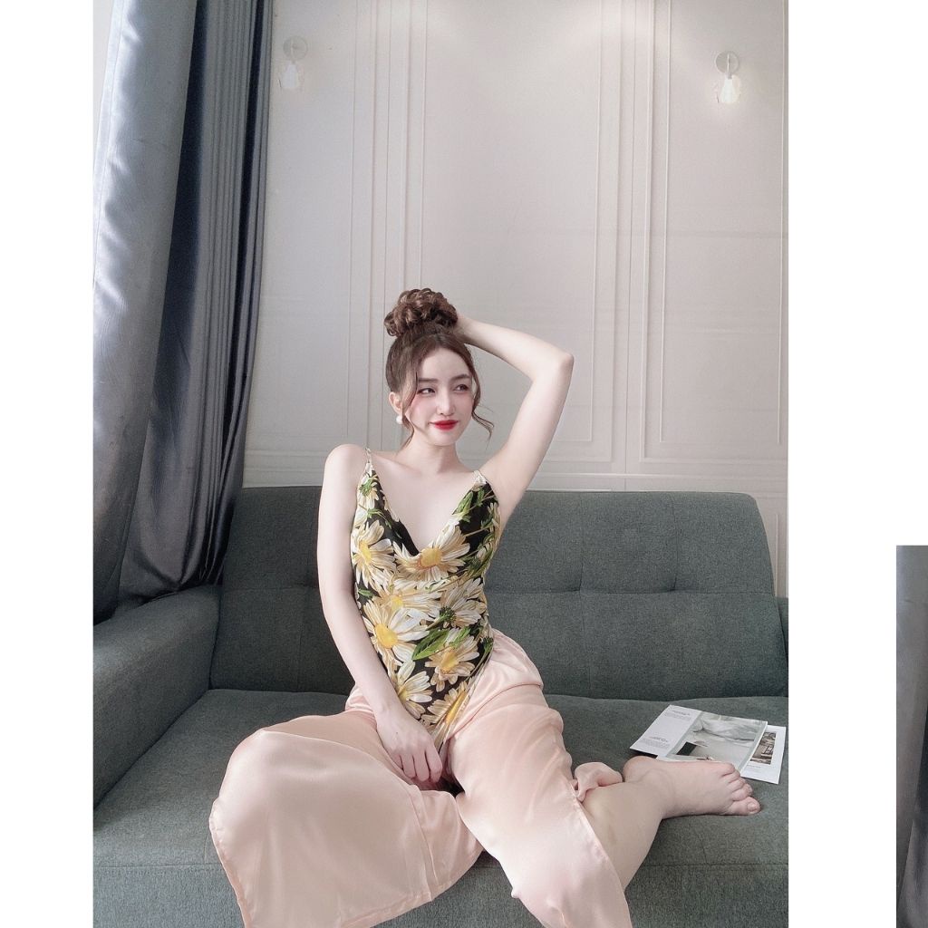 Đồ ngủ nữ sexy bộ lụa mặc nhà 2 dây quần dài cổ yếm đỗ gợi cảm chất lụa sation phối chiffon cao cấp