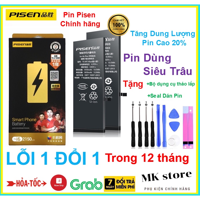 PIN PISEN IPTĂNG DUNG LƯỢNG CAO DÙNG CHO IP6G/6P/6S/6SP/7G/7P/8G/8P/X/XR/XMAX