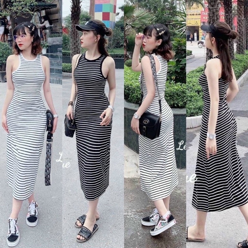 {Freeship} Đầm Ôm Body Sọc Trắng Đen Sát Nách Dáng Dài uumm