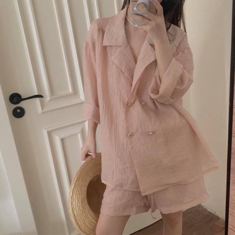 Set áo sơ mi tay dài đũi trơn hồng và quần short ngắn nữ đi biển - Order taobao quảng châu